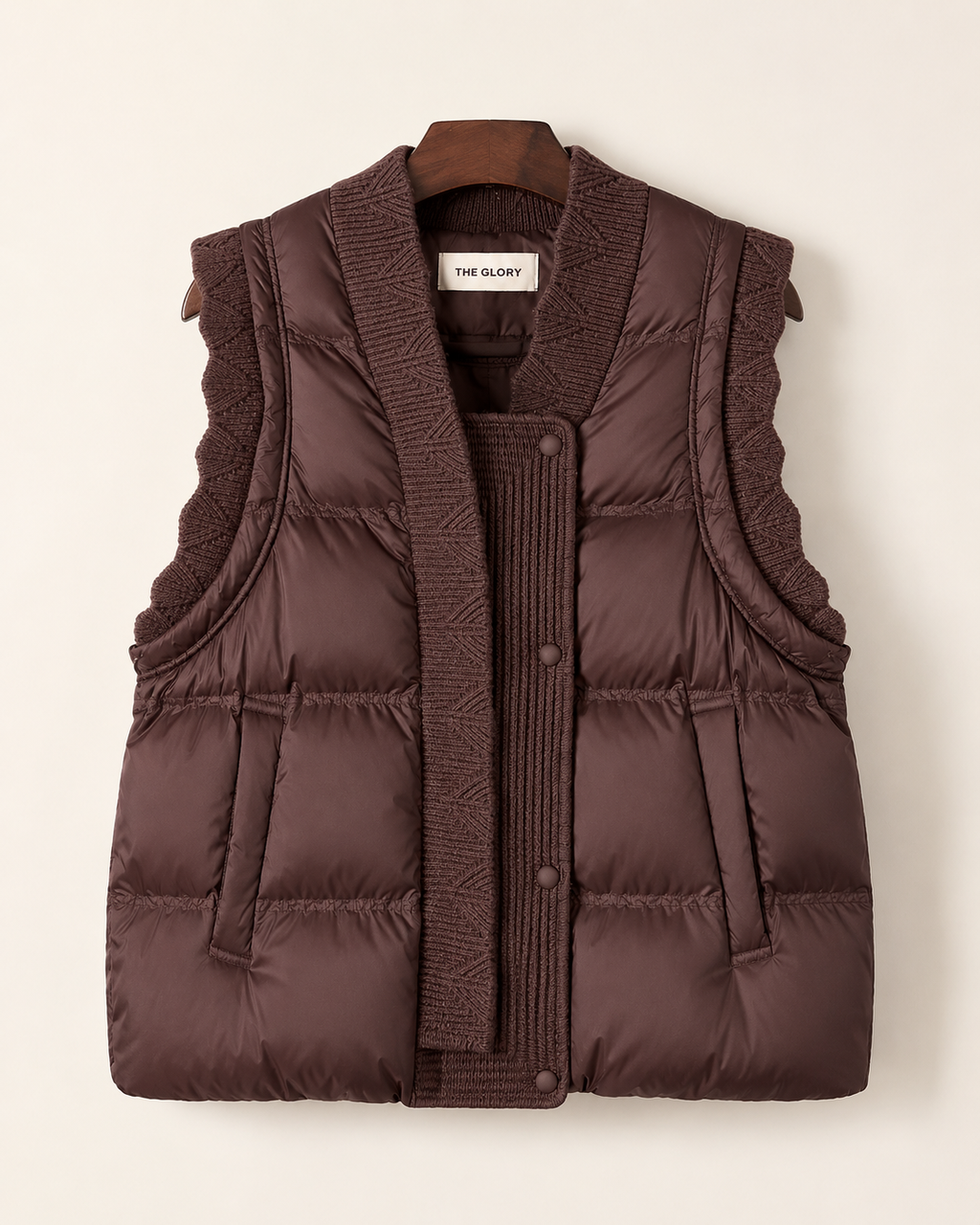 Mocha Twilight Knit-Trim Puffer Vest