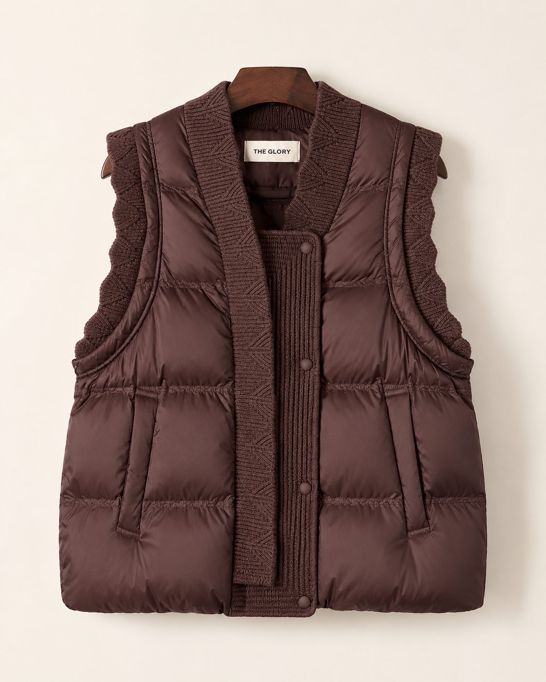 Mocha Twilight Knit-Trim Puffer Vest