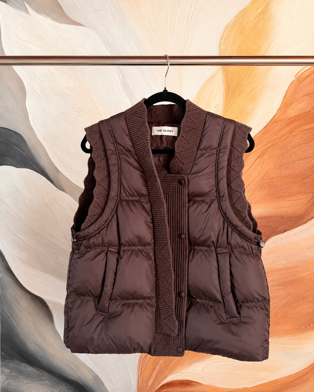 Mocha Twilight Knit-Trim Puffer Vest