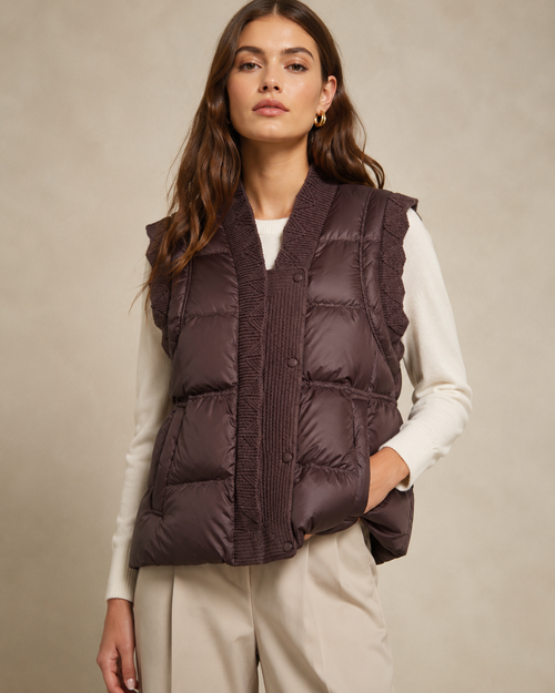 Mocha Twilight Knit-Trim Puffer Vest