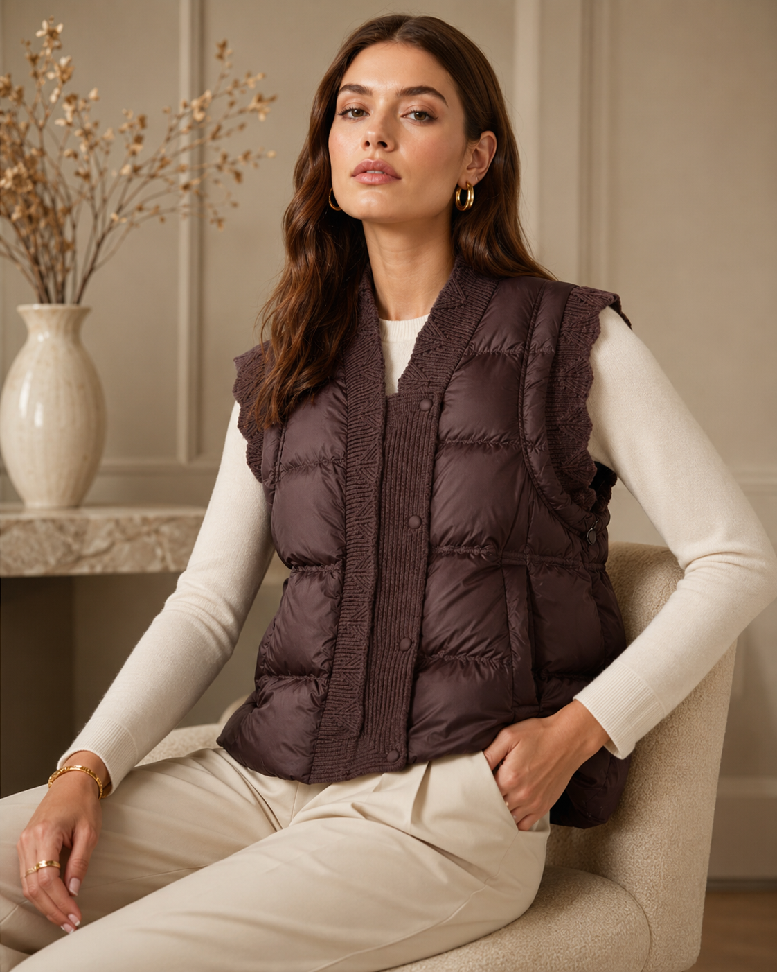 Mocha Twilight Knit-Trim Puffer Vest
