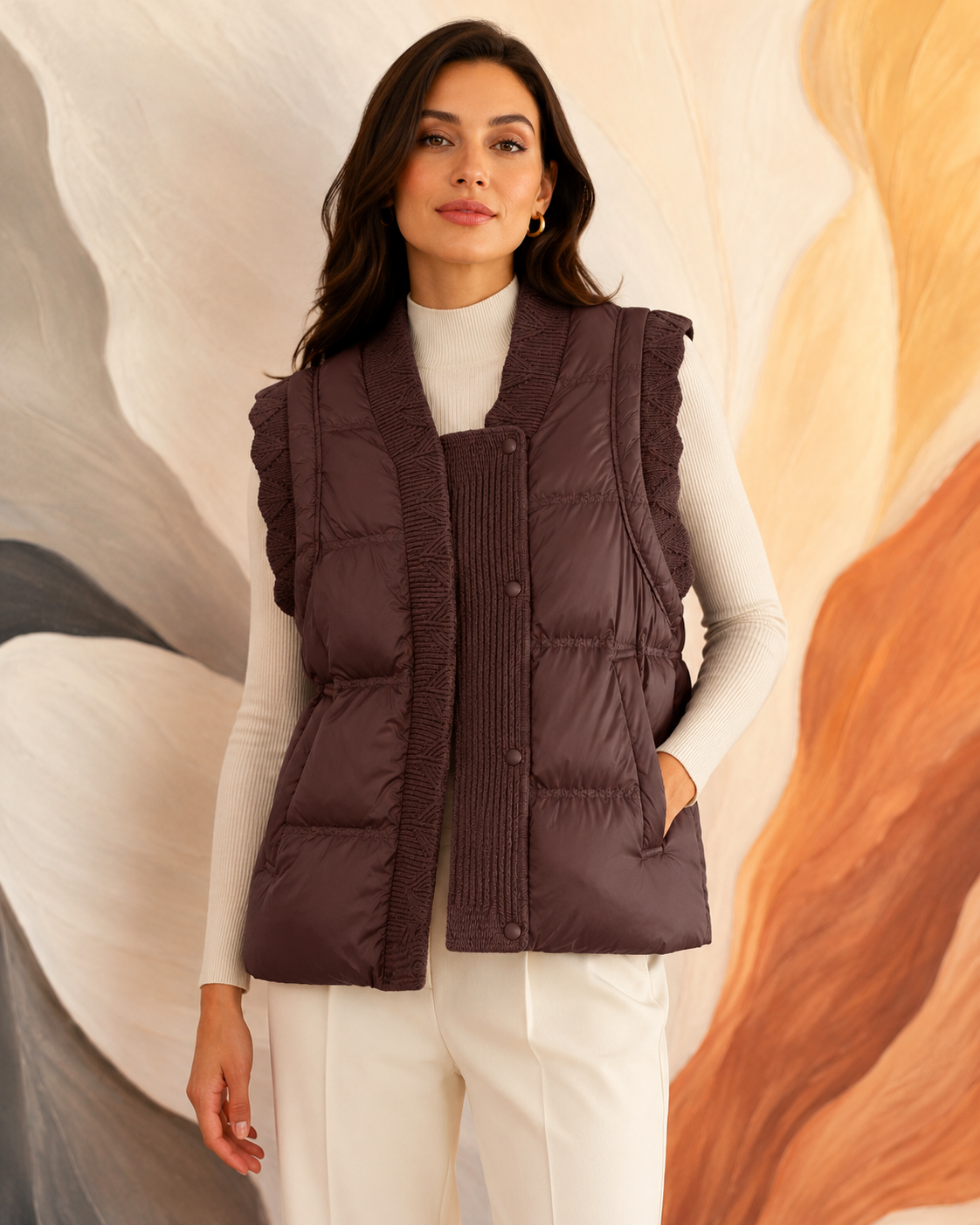 Mocha Twilight Knit-Trim Puffer Vest
