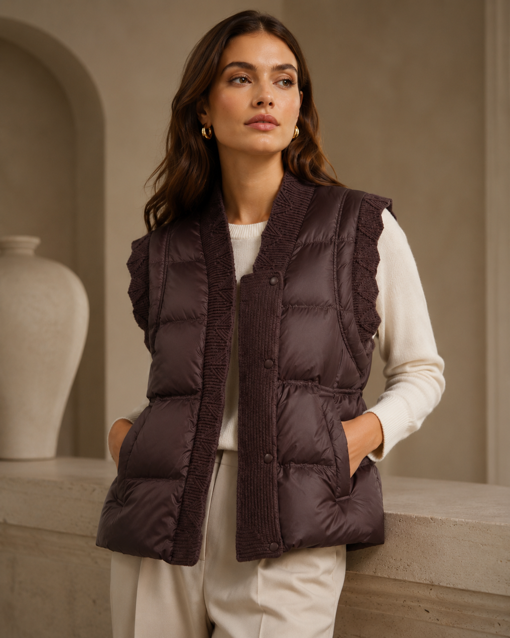 Mocha Twilight Knit-Trim Puffer Vest