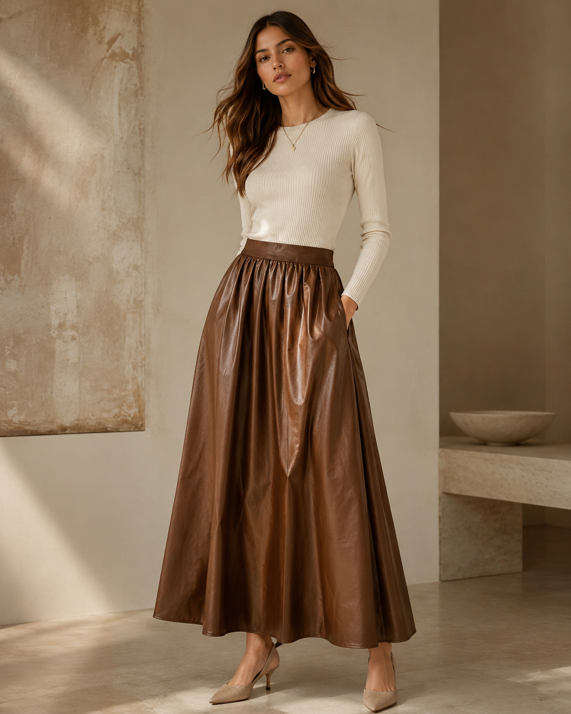 Cocoa Sway Faux-Leather Long Skirt