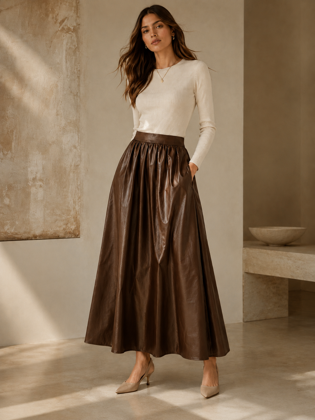 Cocoa Sway Faux-Leather Long Skirt