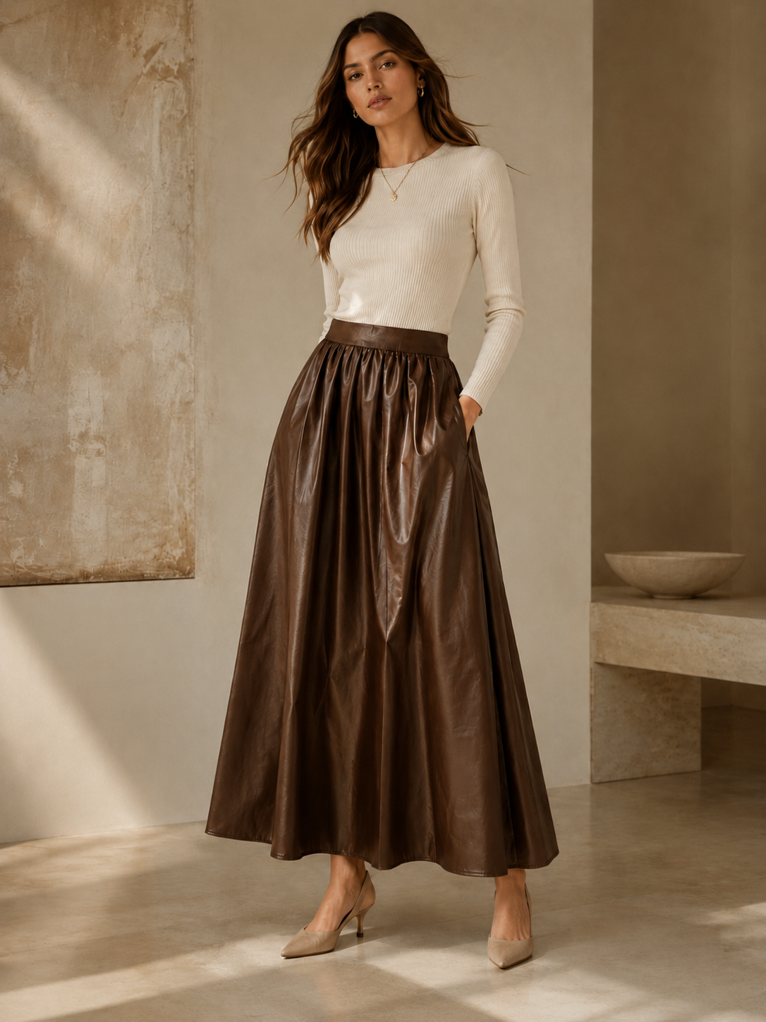 Cocoa Sway Faux-Leather Long Skirt
