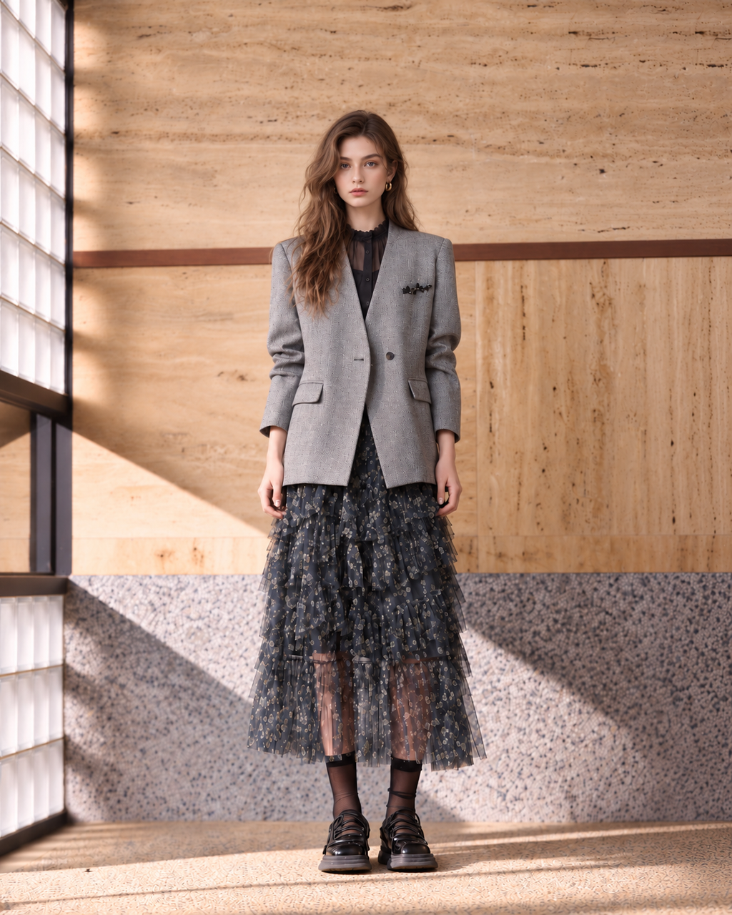 Grey collarless blazer styled with a flowing patterned skirt.