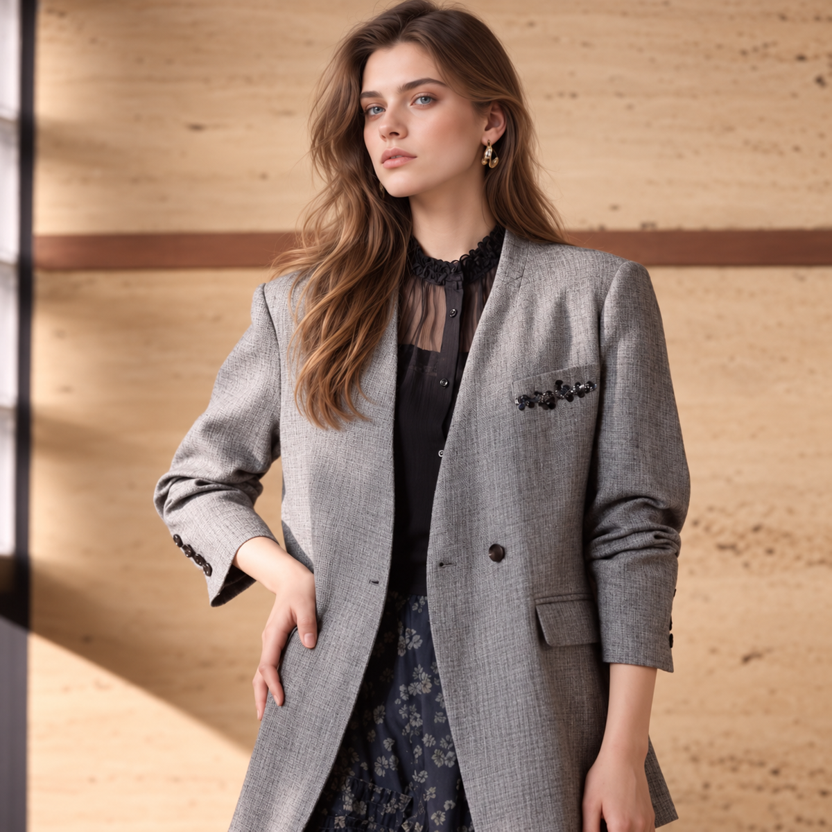Grey Linen V-Neck Blazer