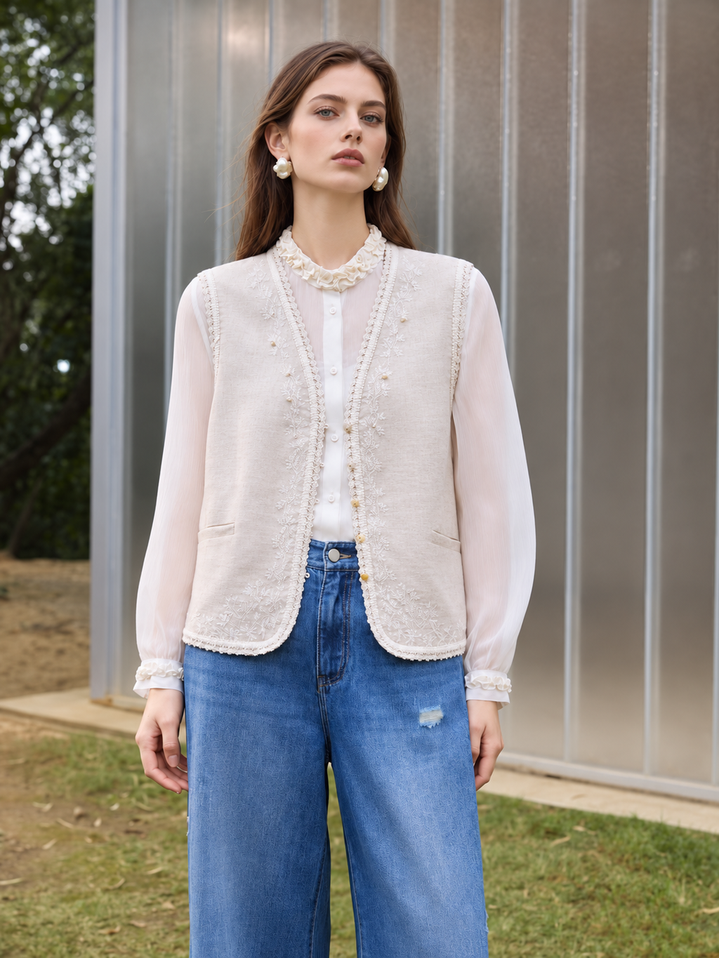 Apricot Embroidered Linen-Blend Vest