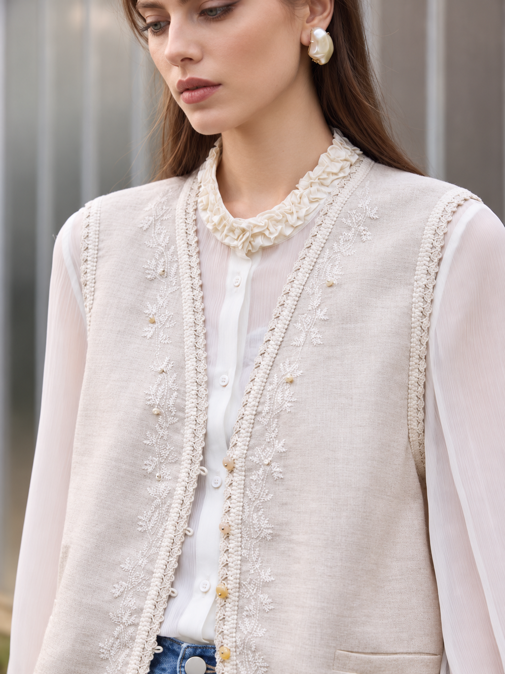 Apricot Embroidered Linen-Blend Vest